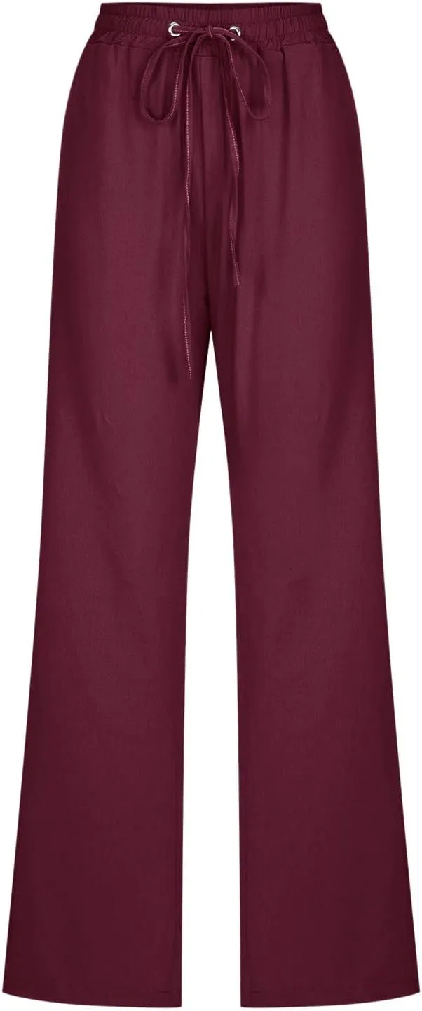 Flowy Pants for Women Elastic Waist Wide Leg Trousers Lightweight Linen Blend Casual Summer Beachwear Relaxed Fit