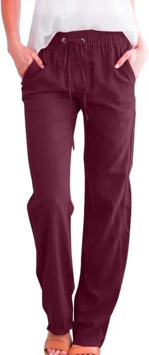 Flowy Pants for Women Elastic Waist Wide Leg Trousers Lightweight Linen Blend Casual Summer Beachwear Relaxed Fit