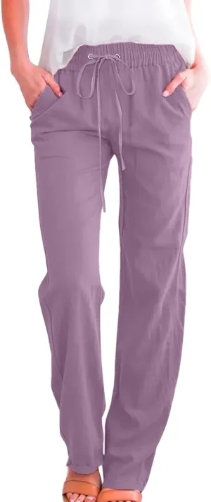 Flowy Pants for Women Elastic Waist Wide Leg Trousers Lightweight Linen Blend Casual Summer Beachwear Relaxed Fit