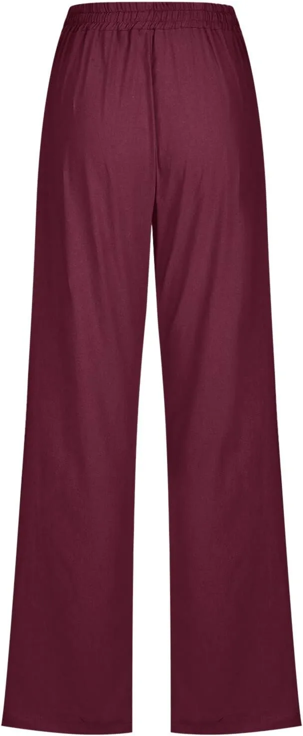 Flowy Pants for Women Elastic Waist Wide Leg Trousers Lightweight Linen Blend Casual Summer Beachwear Relaxed Fit
