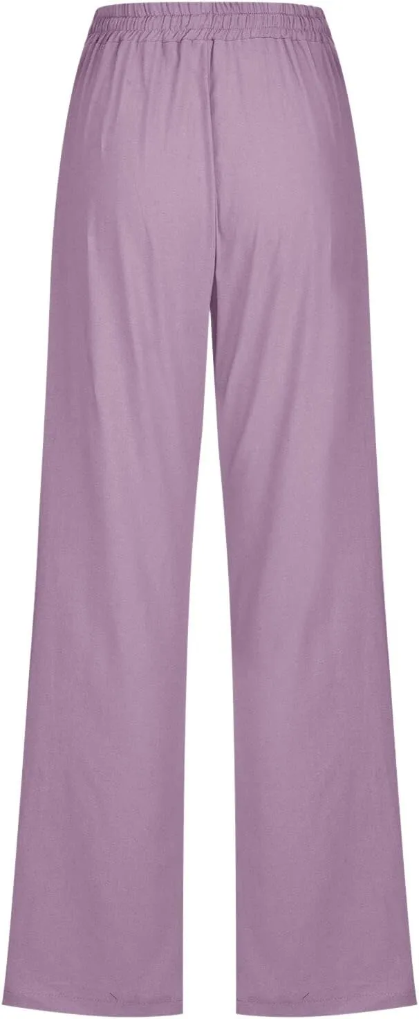 Flowy Pants for Women Elastic Waist Wide Leg Trousers Lightweight Linen Blend Casual Summer Beachwear Relaxed Fit