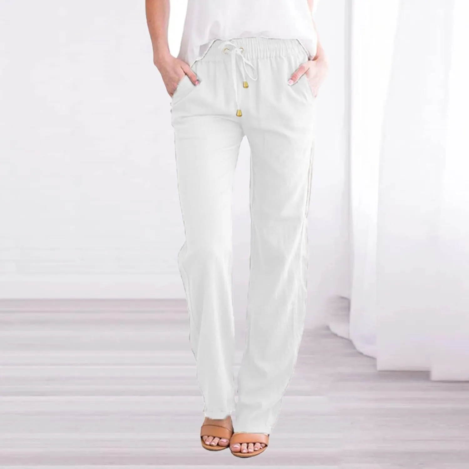 Flowy Pants for Women Wide Leg Elastic Waist Trousers Lightweight Linen Blend Casual Summer Beachwear Relaxed Fit