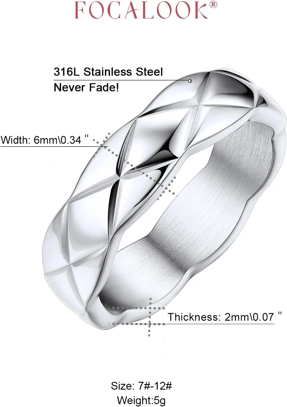 FOCALOOK Crush Bands Ring for Women Yellow Gold Plated 6MM Wide Wedding Promise Stacking Rings, Size 7-12
