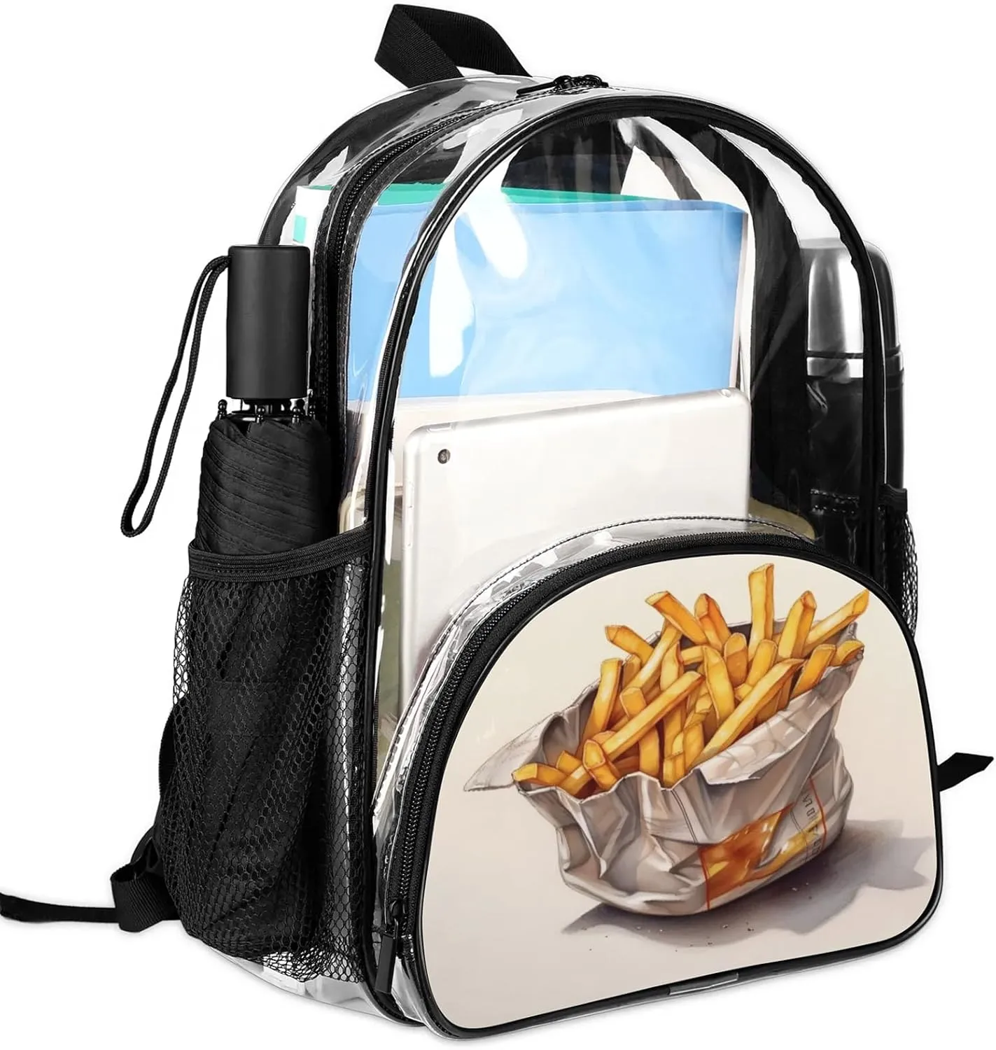 Food French Fries Clear Backpack Heavy Duty PVC Transparent Backpacks See Through Bag for Stadium Events Concert Work Travel Clear Bags