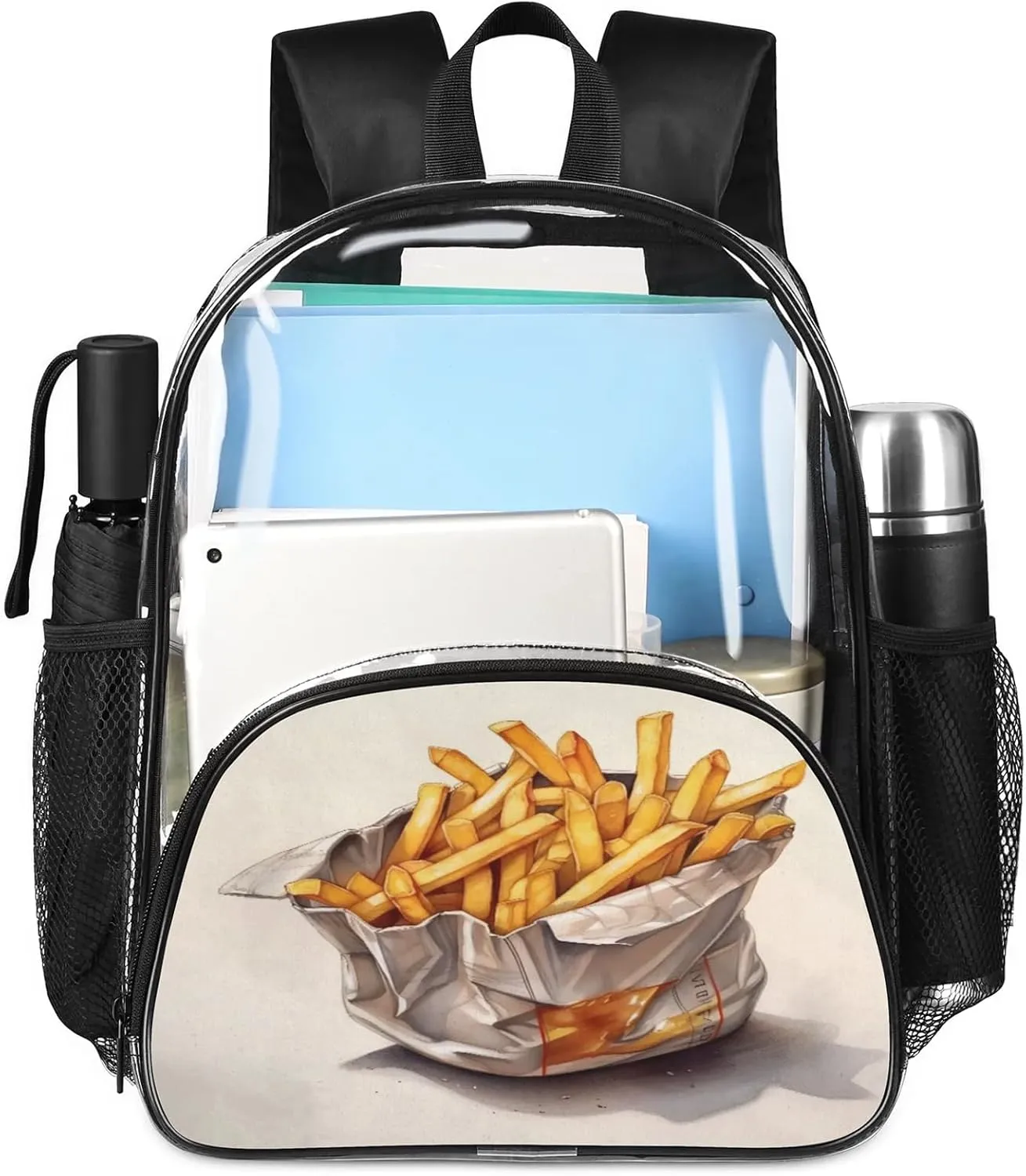 Food French Fries Clear Backpack Heavy Duty PVC Transparent Backpacks See Through Bag for Stadium Events Concert Work Travel Clear Bags