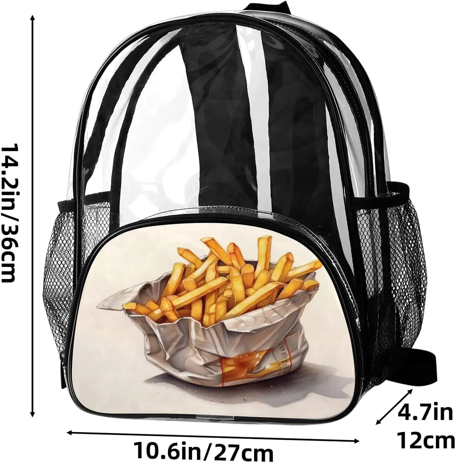 Food French Fries Clear Backpack Heavy Duty PVC Transparent Backpacks See Through Bag for Stadium Events Concert Work Travel Clear Bags