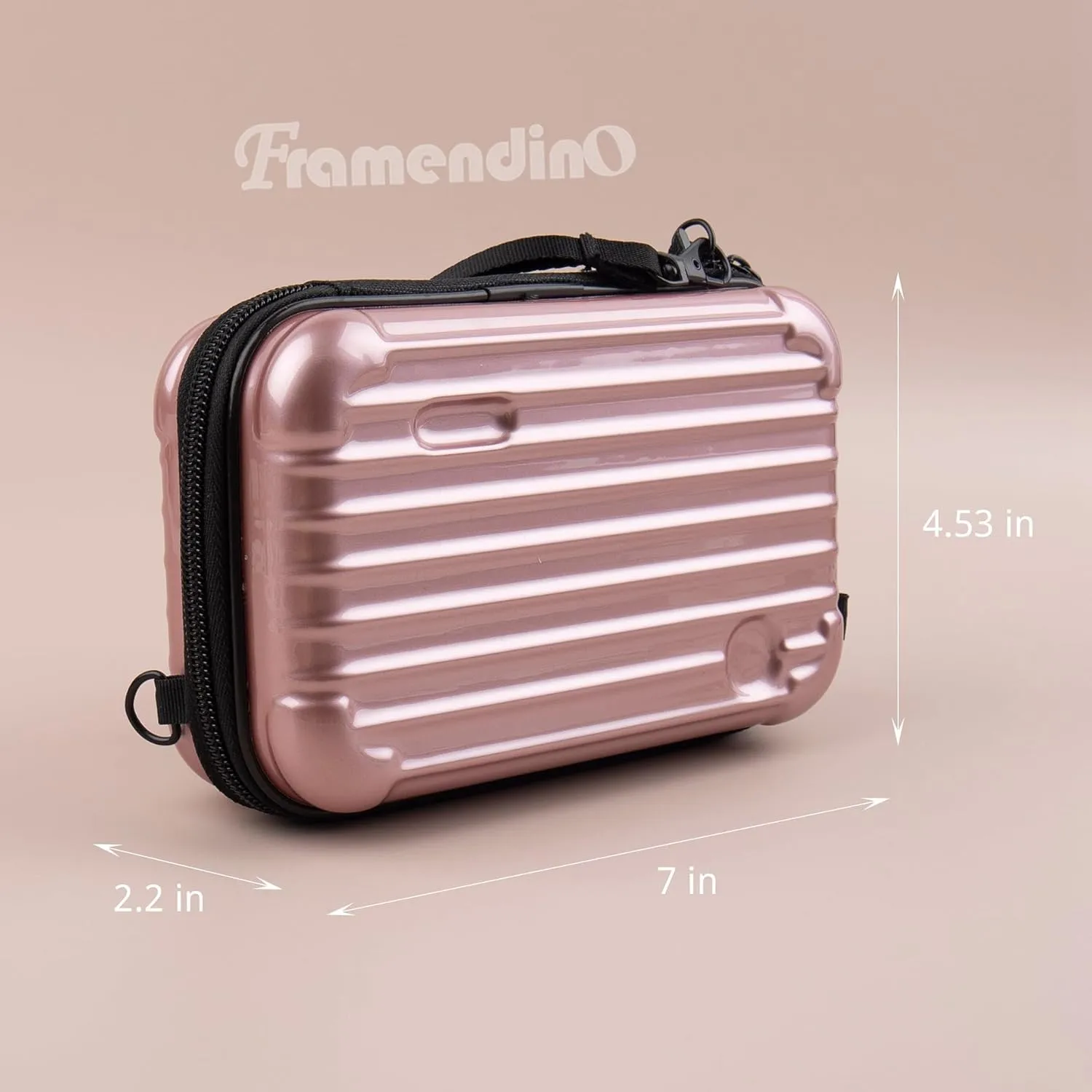 Framendino, Rose Gold Hard Shell Cosmetics Case Carrying Hard Bag for Toiletry Mini Cross Body Bag with Detachable Grip Rope and Shoulder Strap for Women
