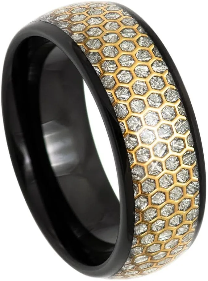 Free Personalized laser engraving Ring for Men and Ring for WomenDome Black IP with Honeycomb Cut-out Imitation Meteorite Inlay  8mm Wedding Band Ring Ideal Ring for Couples