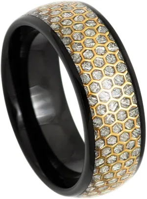 Free Personalized laser engraving Ring for Men and Ring for WomenDome Black IP with Honeycomb Cut-out Imitation Meteorite Inlay  8mm Wedding Band Ring Ideal Ring for Couples