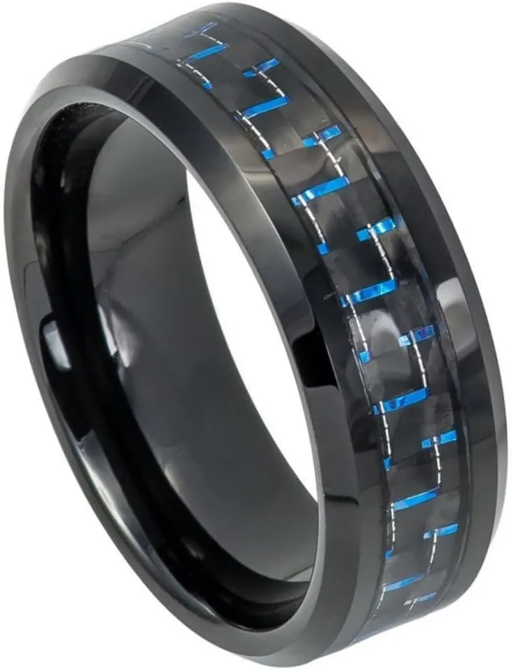 Free Personalized laser engraving Ring for Men and Ring for WomenTungsten Ring Beveled Edge Black IP Plated with Blue and Black Carbon Fiber Inlay  8mm Wedding Band Ring Ideal Ring for Couples