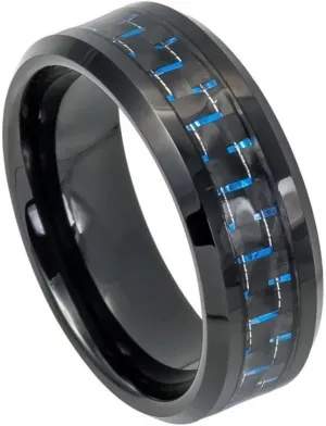 Free Personalized laser engraving Ring for Men and Ring for WomenTungsten Ring Beveled Edge Black IP Plated with Blue and Black Carbon Fiber Inlay  8mm Wedding Band Ring Ideal Ring for Couples