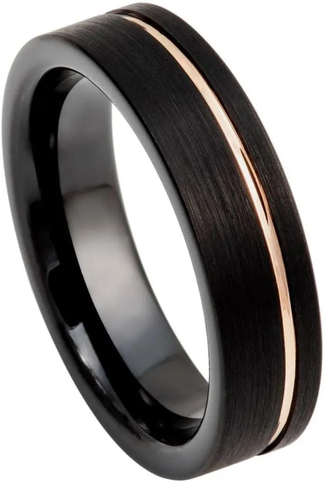 Free Personalized laser engraving Ring for Men and Ring for WomenTungsten Ring Black IP Brushed Pipe-cut with Off-center Rose Gold IP Groove  6mmWedding Band Ring Ideal Ring for Couples