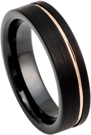 Free Personalized laser engraving Ring for Men and Ring for WomenTungsten Ring Black IP Brushed Pipe-cut with Off-center Rose Gold IP Groove  6mmWedding Band Ring Ideal Ring for Couples