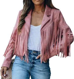 Fringe Faux Suede Leather Jackets for Women Tassel Motorcycle Moto Biker Short Open Front Tassel Coat