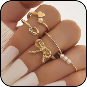 Frodete Gold Bow Rings Set for Women Trendy Ribbon Heart Rings Pearl Ring Silver Stackable Rings Adjustable Open Knuckle Midi Rings Jewelry Gifts