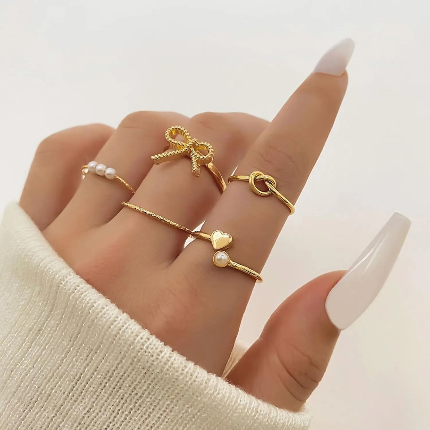 Frodete Gold Bow Rings Set for Women Trendy Ribbon Heart Rings Pearl Ring Silver Stackable Rings Adjustable Open Knuckle Midi Rings Jewelry Gifts