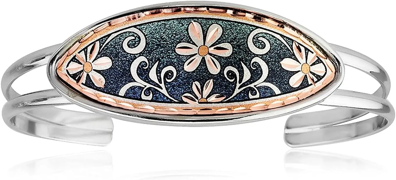 FRONT LINE JEWELRY Women's Silver Bangles Cuff Bracelets with Copper Medallions: Butterflies/Horses/Flowers/Daisy Silver Bangles