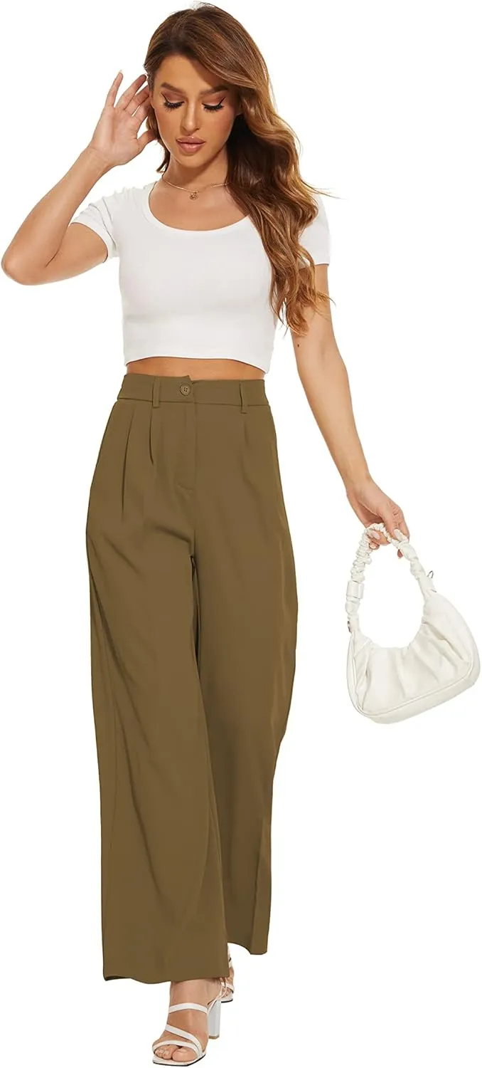 FUNYYZO Fall Women Wide Leg Pants High Elastic Waisted in The Back Business Work Trousers Long Straight Suit Pants_