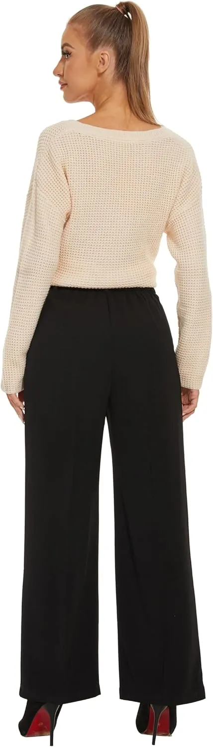 FUNYYZO Fall Women Wide Leg Pants High Elastic Waisted in The Back Business Work Trousers Long Straight Suit Pants_
