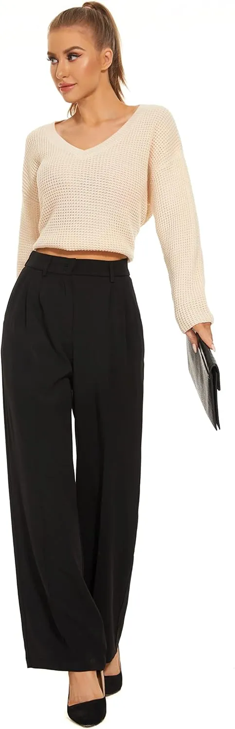 FUNYYZO Fall Women Wide Leg Pants High Elastic Waisted in The Back Business Work Trousers Long Straight Suit Pants_