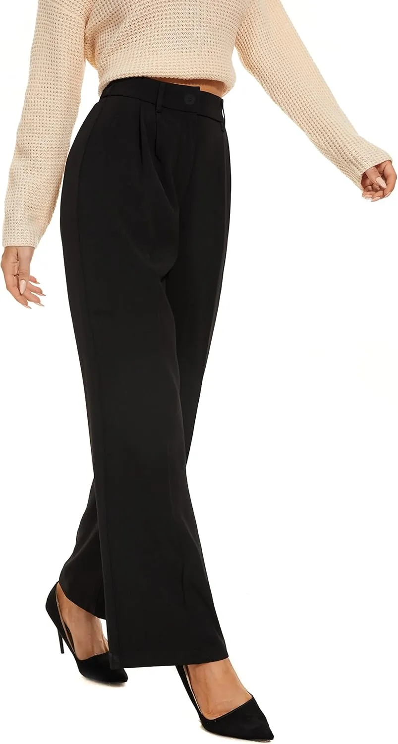FUNYYZO Fall Women Wide Leg Pants High Elastic Waisted in The Back Business Work Trousers Long Straight Suit Pants_