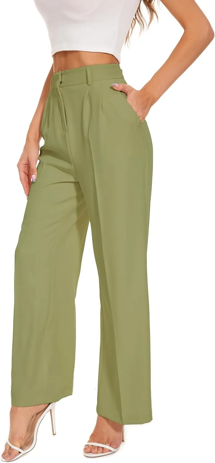 FUNYYZO Wide Leg Pants Women's High Elastic Waisted in The Back Business Work Trousers Long Straight Suit Pants