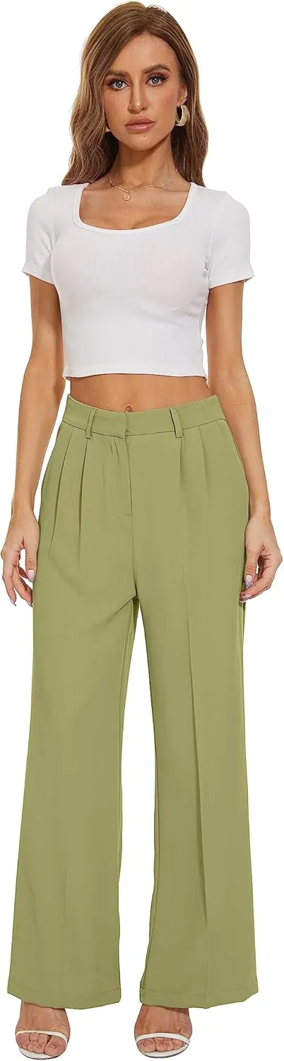 FUNYYZO Wide Leg Pants Women's High Elastic Waisted in The Back Business Work Trousers Long Straight Suit Pants