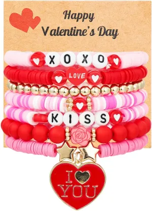 Fuqimanman2020 Valentine's Day Beaded Stretch Bracelets Bulk Heishi Crystal Stackable Red Love Heart for Women Girlfriend Couple Friendship Holiday Y2K Preppy Festive Jewelry