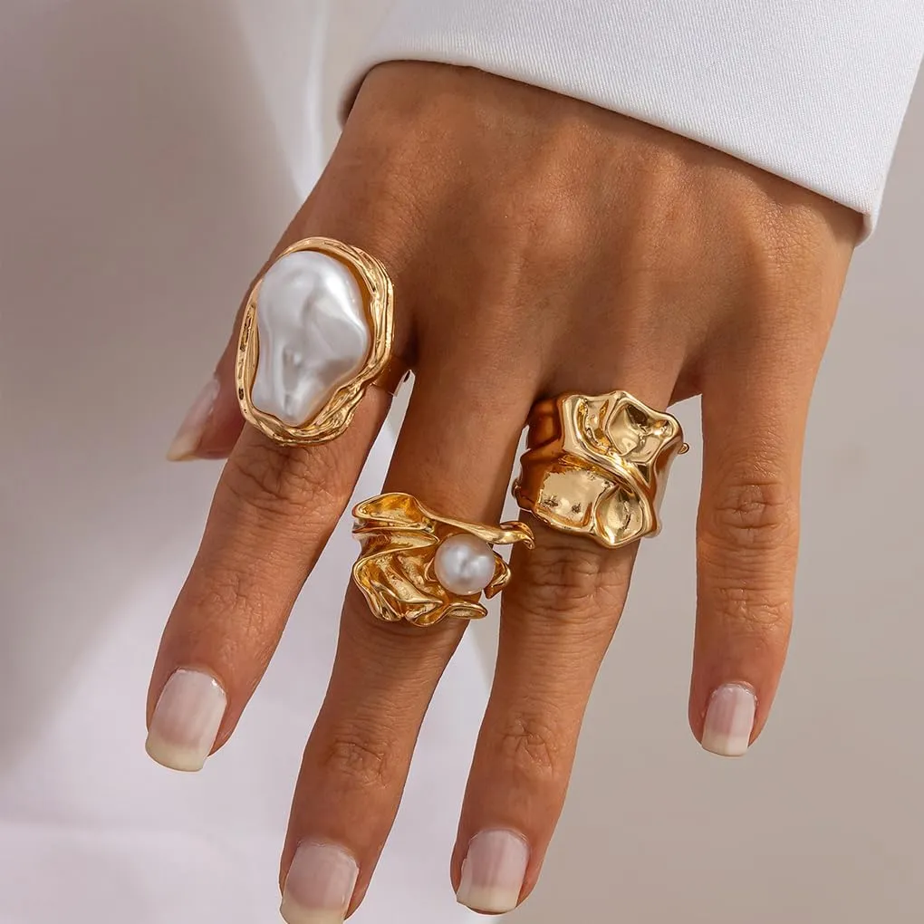 FUTIMELY 3Pcs Chunky Gold Pearl Rings for Women,Liquid Metal Baroque Pearls Thumb Rings Set,Silver Vintage Stackable Finger Jewelry Aesthetic Accessories