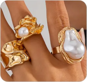 FUTIMELY 3Pcs Chunky Gold Pearl Rings for Women,Liquid Metal Baroque Pearls Thumb Rings Set,Silver Vintage Stackable Finger Jewelry Aesthetic Accessories