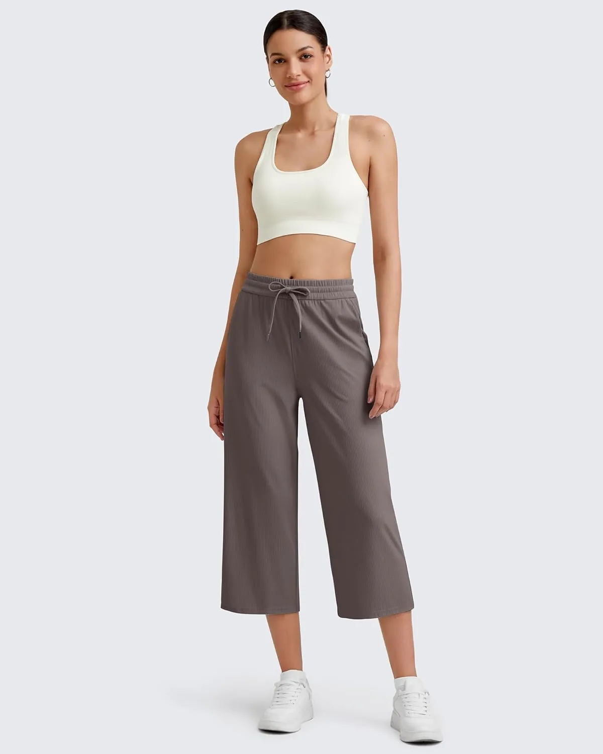 G4Free Ribbed Wide Leg Yoga Pants for Women Drawstring Elastic Waist Loose Casual Capris with Pockets