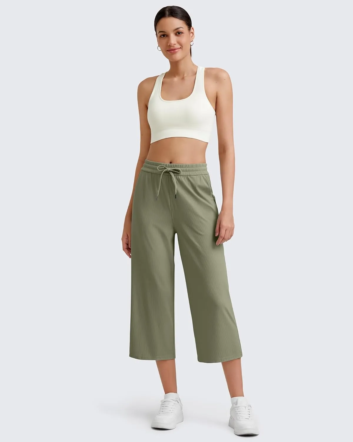 G4Free Ribbed Wide Leg Yoga Pants for Women Drawstring Elastic Waist Loose Casual Capris with Pockets