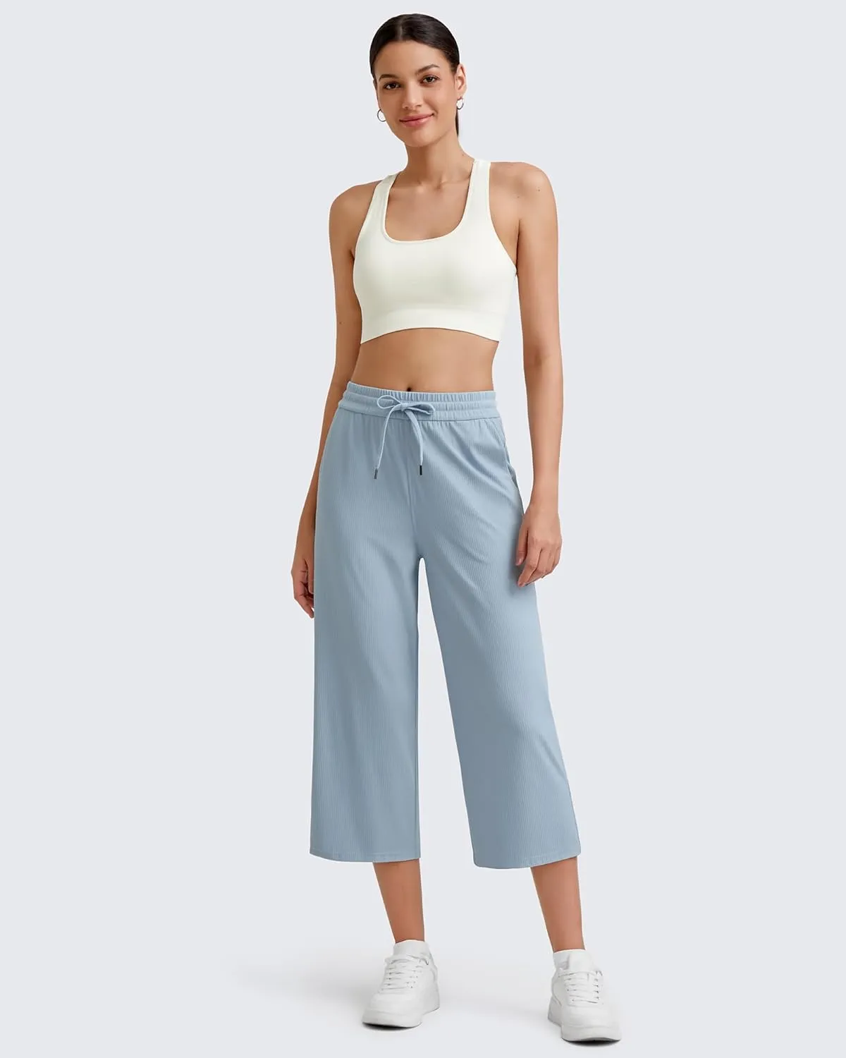G4Free Ribbed Wide Leg Yoga Pants for Women Drawstring Elastic Waist Loose Casual Capris with Pockets