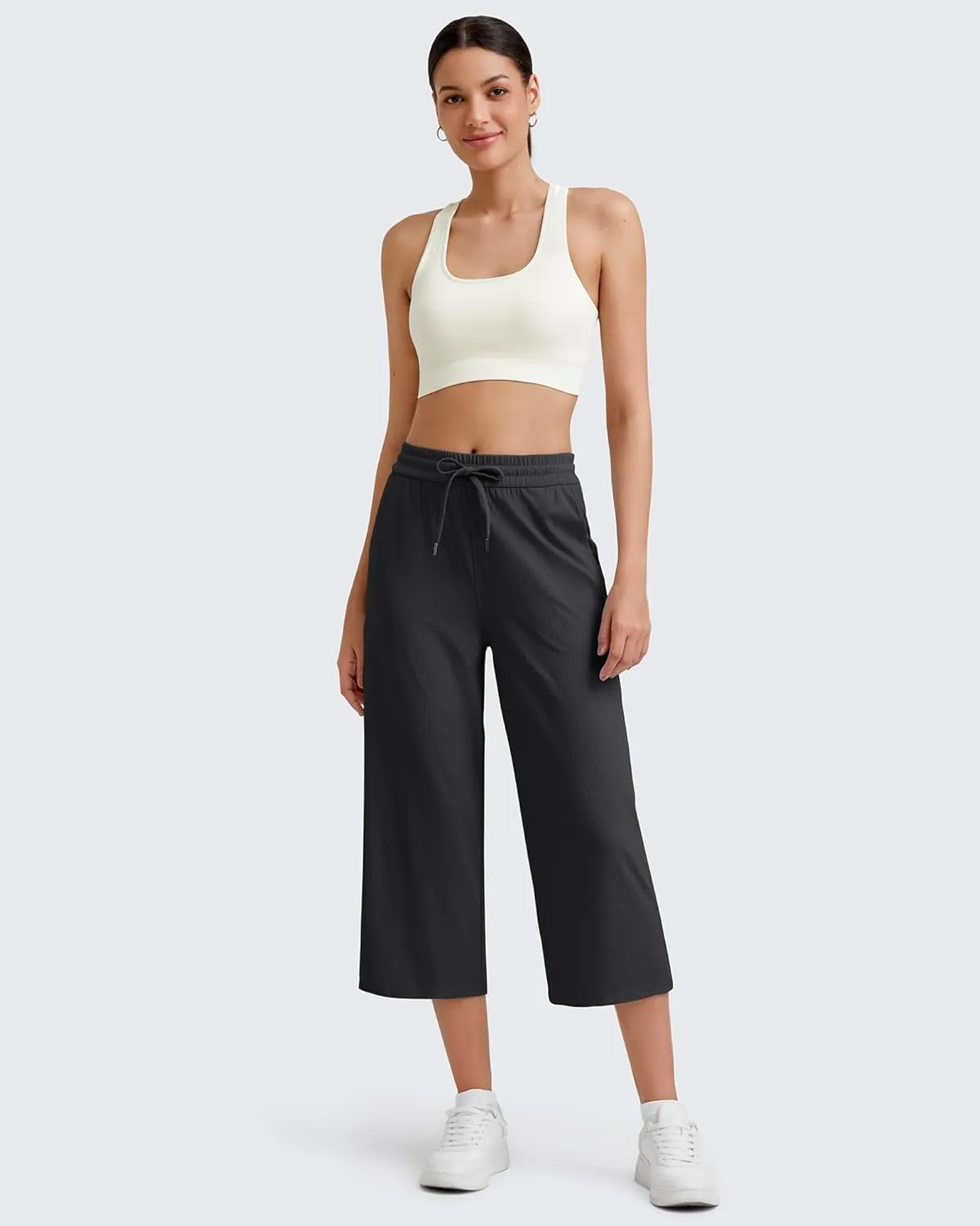 G4Free Ribbed Wide Leg Yoga Pants for Women Drawstring Elastic Waist Loose Casual Capris with Pockets