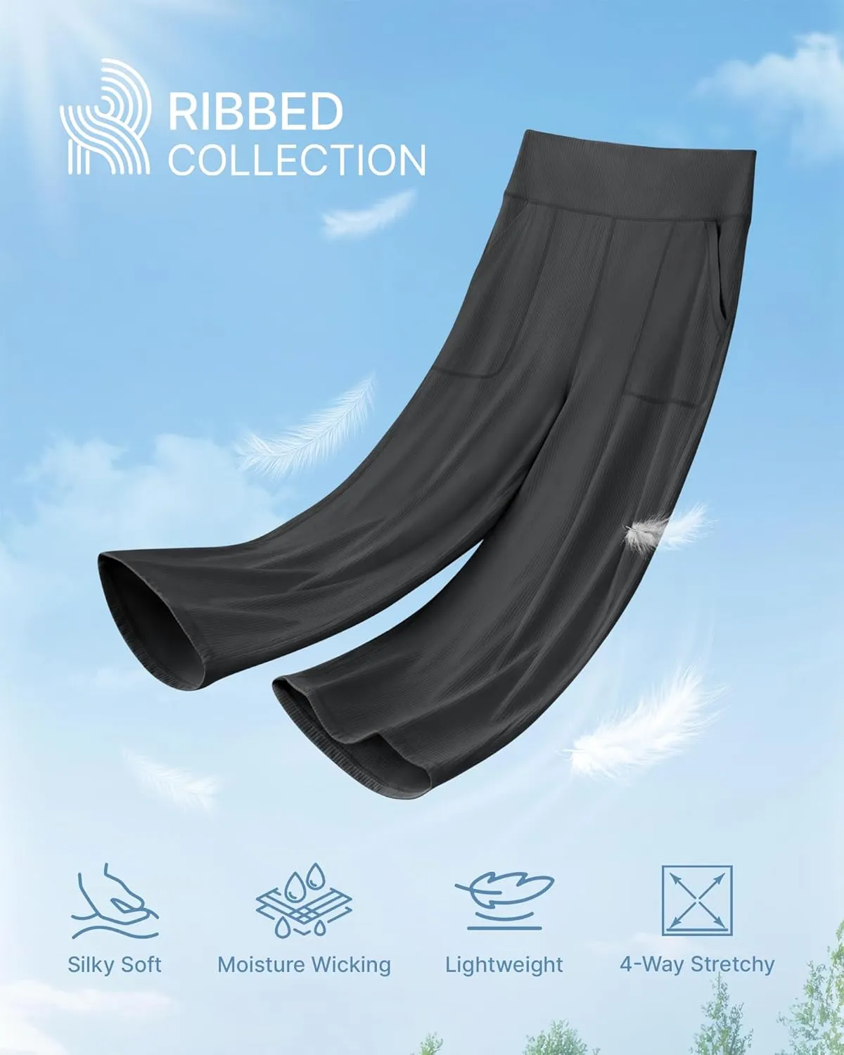 G4Free Ribbed Wide Leg Yoga Pants for Women Drawstring Elastic Waist Loose Casual Capris with Pockets