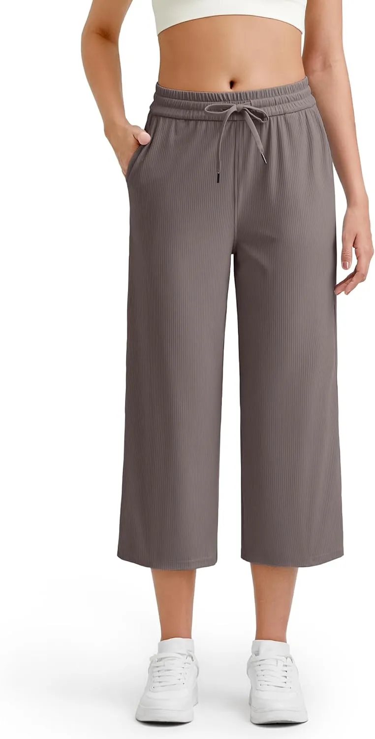 G4Free Ribbed Wide Leg Yoga Pants for Women Drawstring Elastic Waist Loose Casual Capris with Pockets