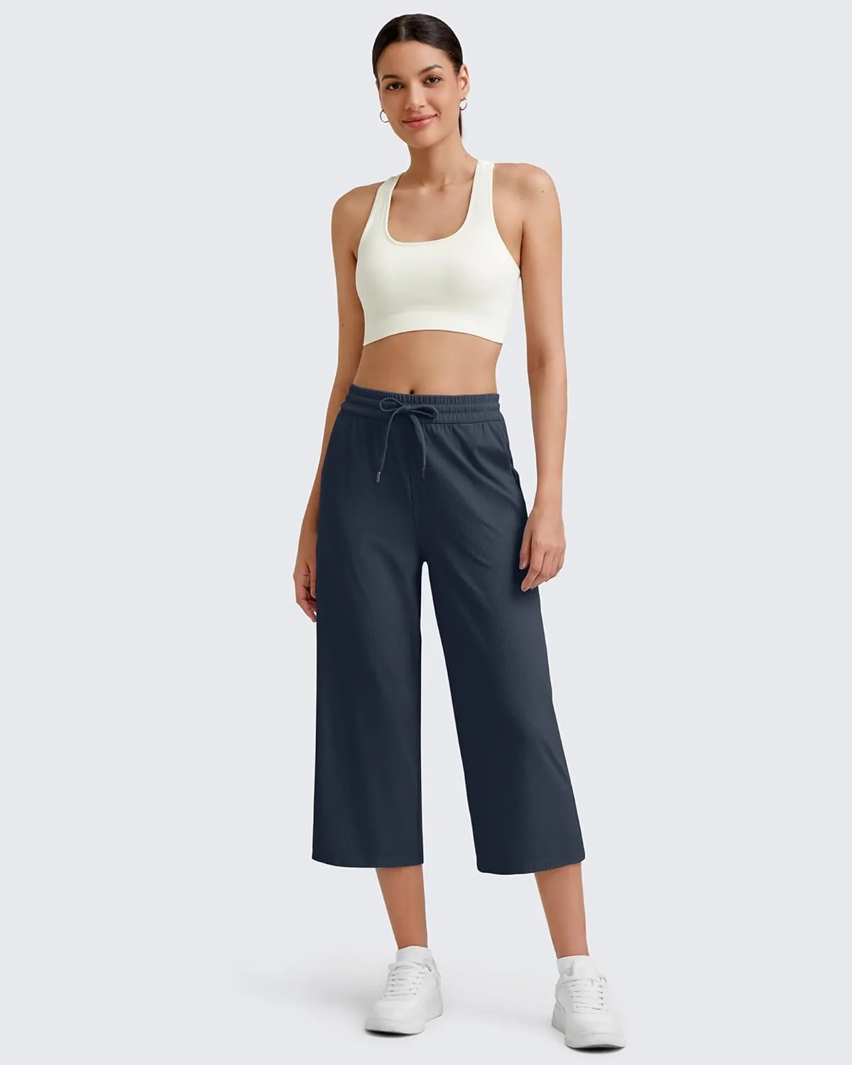 G4Free Ribbed Wide Leg Yoga Pants for Women Drawstring Elastic Waist Loose Casual Capris with Pockets