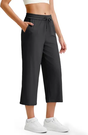 G4Free Ribbed Wide Leg Yoga Pants for Women Drawstring Elastic Waist Loose Casual Capris with Pockets