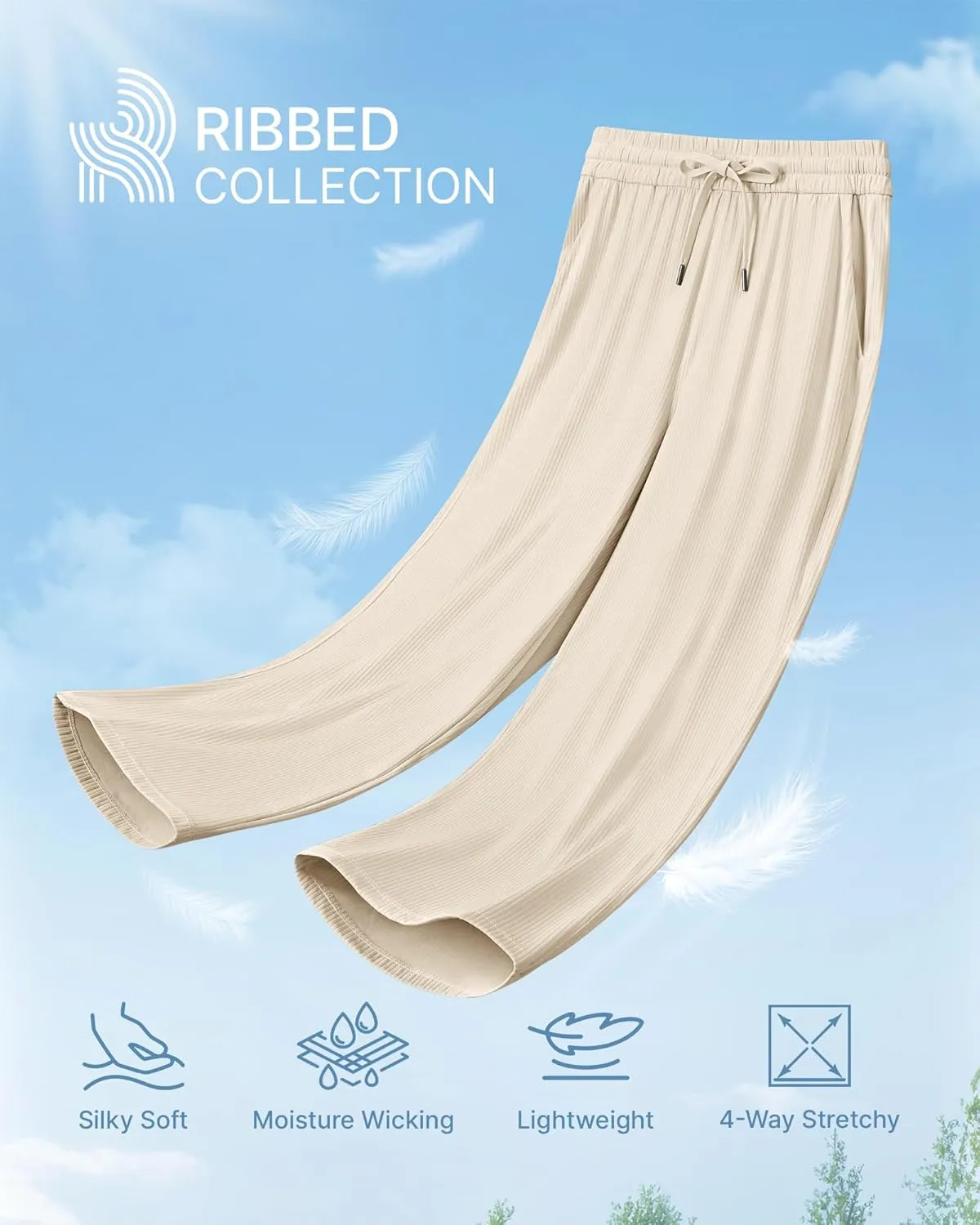G4Free Ribbed Wide Leg Yoga Pants for Women Drawstring Elastic Waist Loose Casual Capris with Pockets