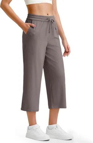 G4Free Ribbed Wide Leg Yoga Pants for Women Drawstring Elastic Waist Loose Casual Capris with Pockets