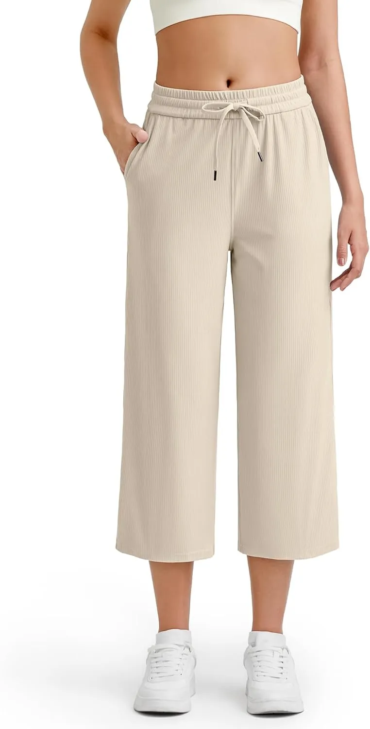 G4Free Ribbed Wide Leg Yoga Pants for Women Drawstring Elastic Waist Loose Casual Capris with Pockets