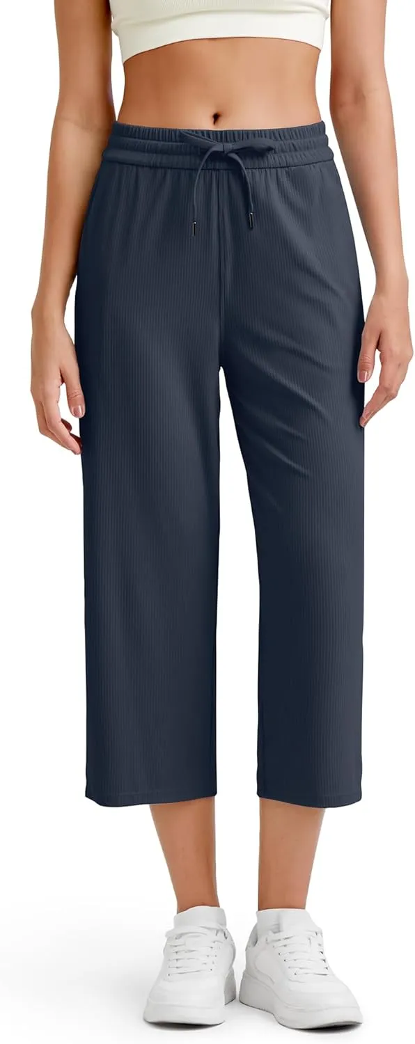 G4Free Ribbed Wide Leg Yoga Pants for Women Drawstring Elastic Waist Loose Casual Capris with Pockets
