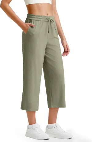 G4Free Ribbed Wide Leg Yoga Pants for Women Drawstring Elastic Waist Loose Casual Capris with Pockets