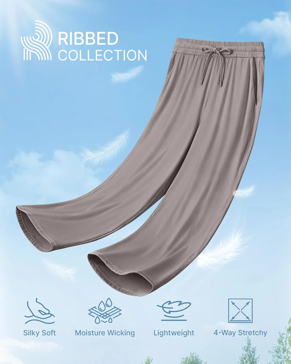 G4Free Ribbed Wide Leg Yoga Pants for Women Drawstring Elastic Waist Loose Casual Capris with Pockets