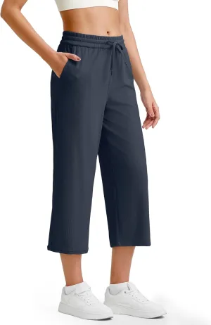 G4Free Ribbed Wide Leg Yoga Pants for Women Drawstring Elastic Waist Loose Casual Capris with Pockets