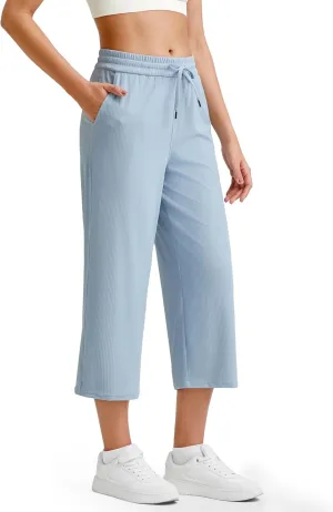 G4Free Ribbed Wide Leg Yoga Pants for Women Drawstring Elastic Waist Loose Casual Capris with Pockets