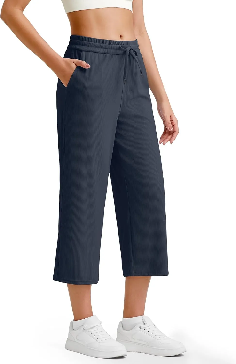 G4Free Ribbed Wide Leg Yoga Pants for Women Drawstring Elastic Waist Loose Casual Capris with Pockets
