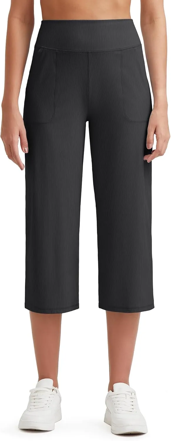G4Free Ribbed Wide Leg Yoga Pants for Women Drawstring Elastic Waist Loose Casual Capris with Pockets