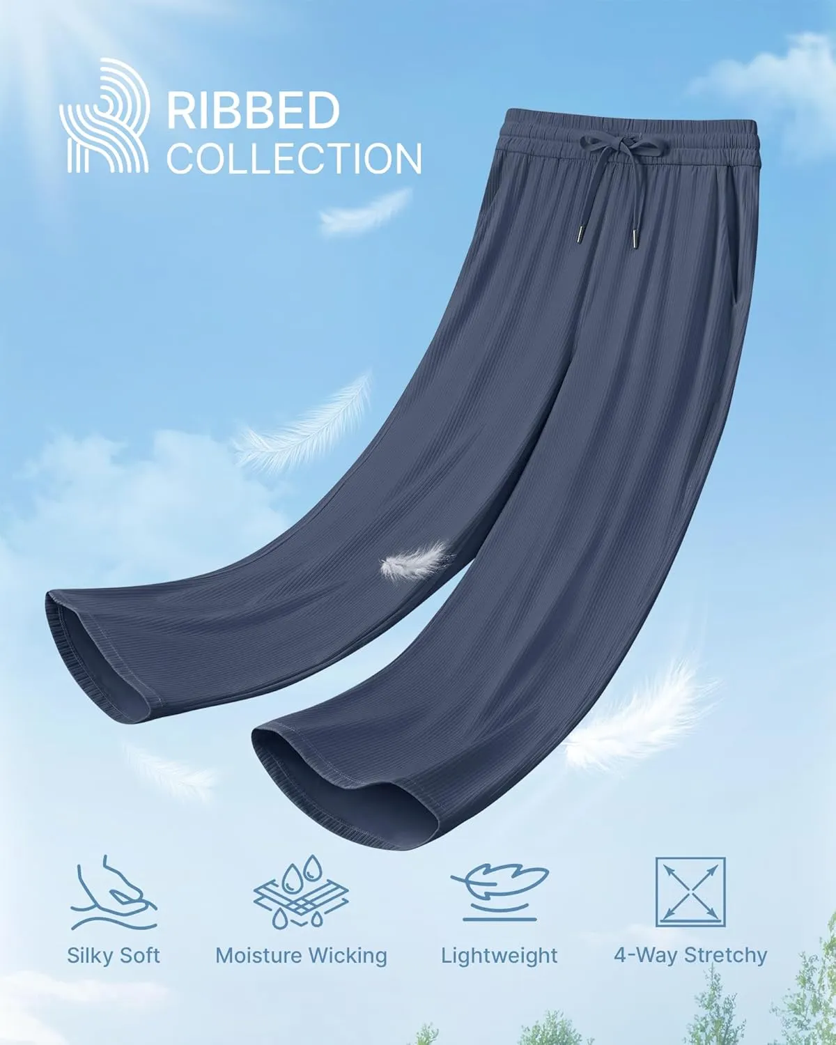 G4Free Ribbed Wide Leg Yoga Pants for Women Drawstring Elastic Waist Loose Casual Capris with Pockets