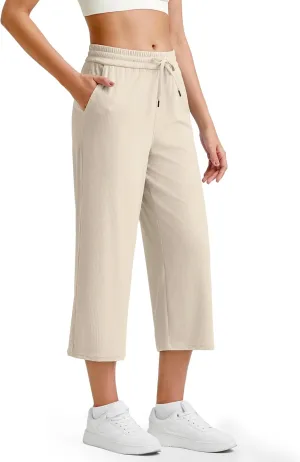 G4Free Ribbed Wide Leg Yoga Pants for Women Drawstring Elastic Waist Loose Casual Capris with Pockets